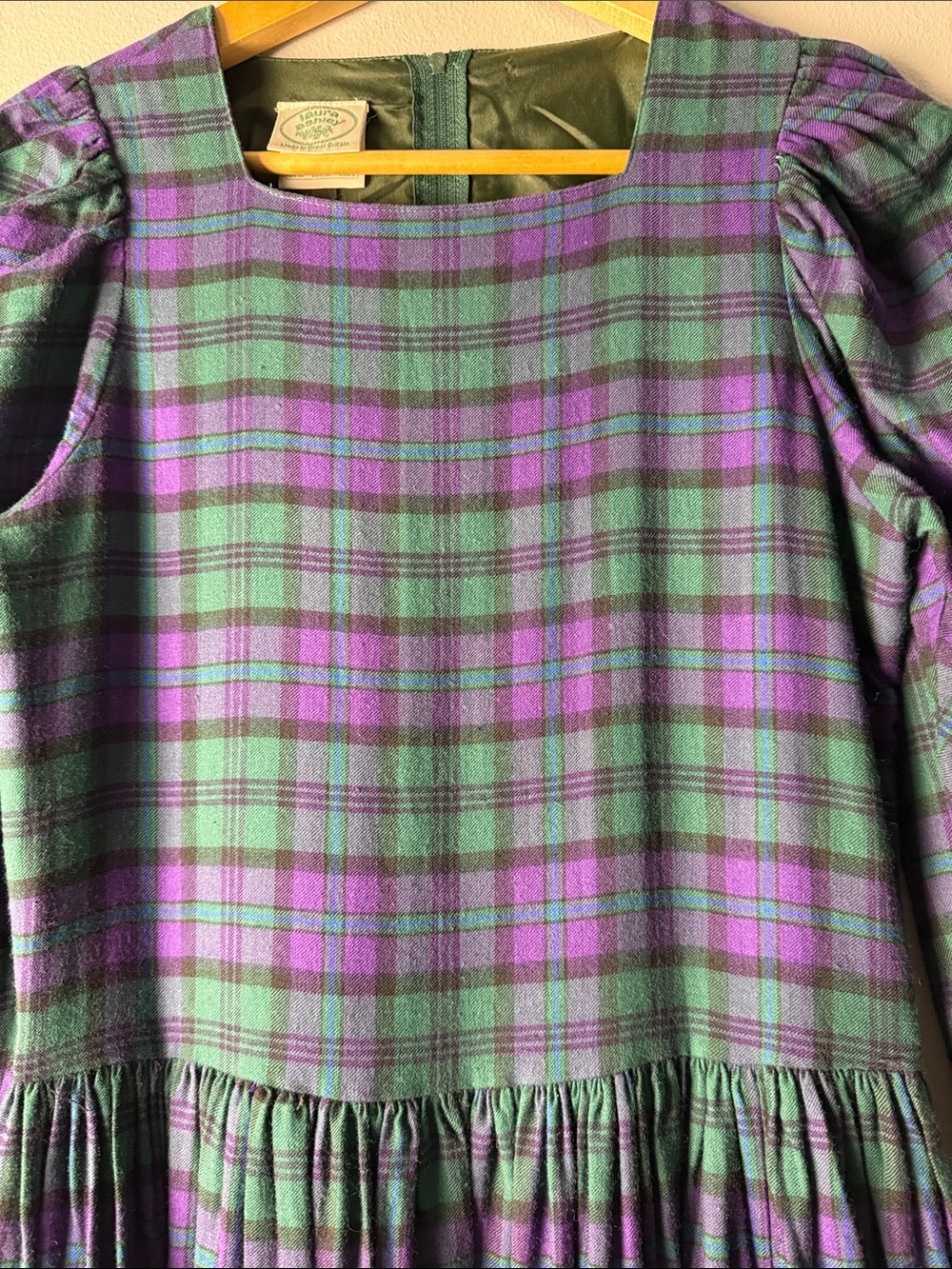 Vintage Laura Ashley Green & Purple Plaid Long-Sleeve Maxi Dress. Early 80s - Picture 4 of 10